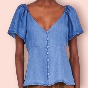 Zara Chambray Denim Flutter Sleeve Button Up V-Neck  Blouse, Size XL